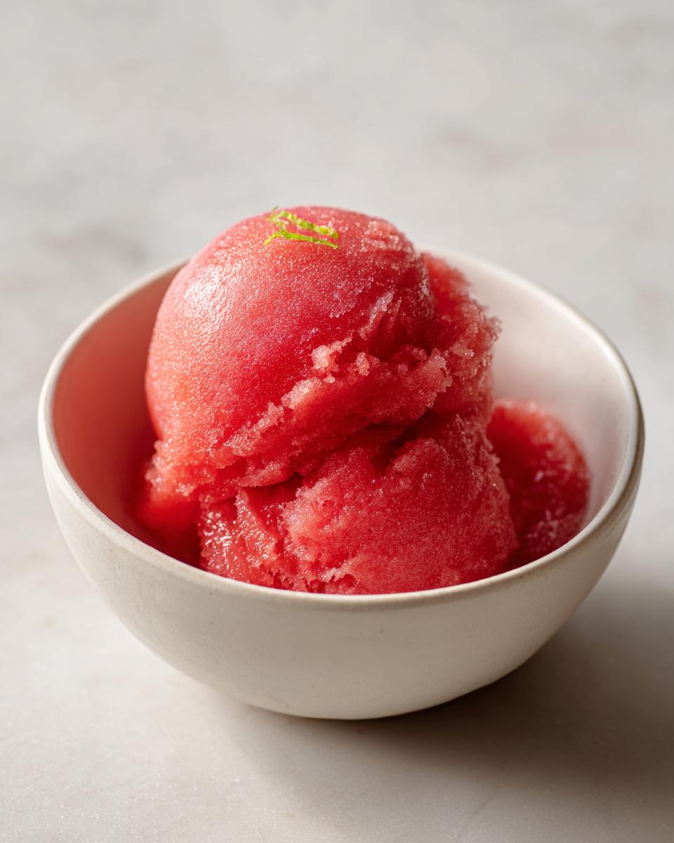 A bowl of refreshing watermelon sorbet, garnished with a sprinkle of lime zest.
