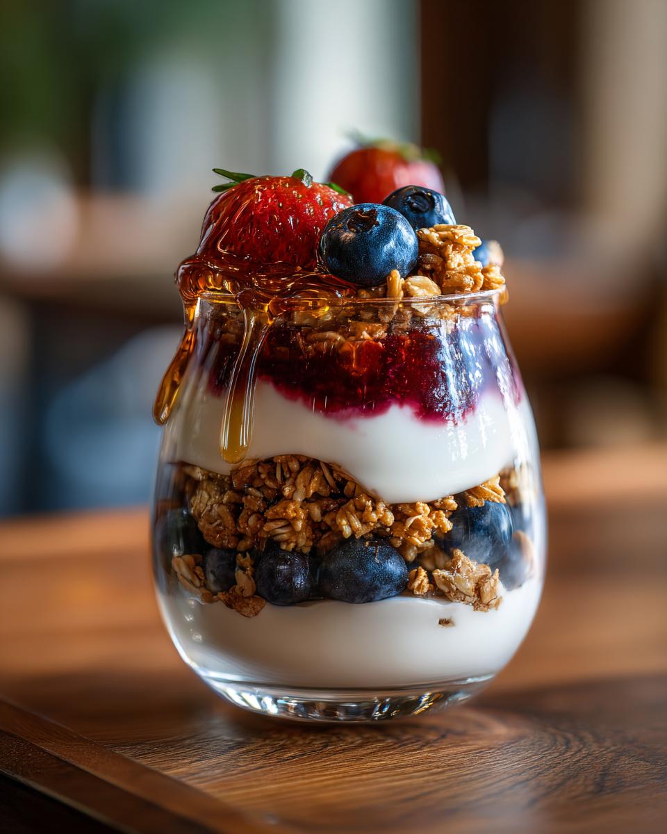 A delicious yogurt parfait layered with granola, blueberries, jam, and topped with strawberries and honey, showcasing breakfast ideas that keep yogurt parfaits fresh and crunchy.