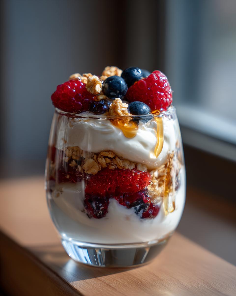 A tall glass filled with layers of creamy yogurt, fresh berries, and crunchy granola, drizzled with honey.