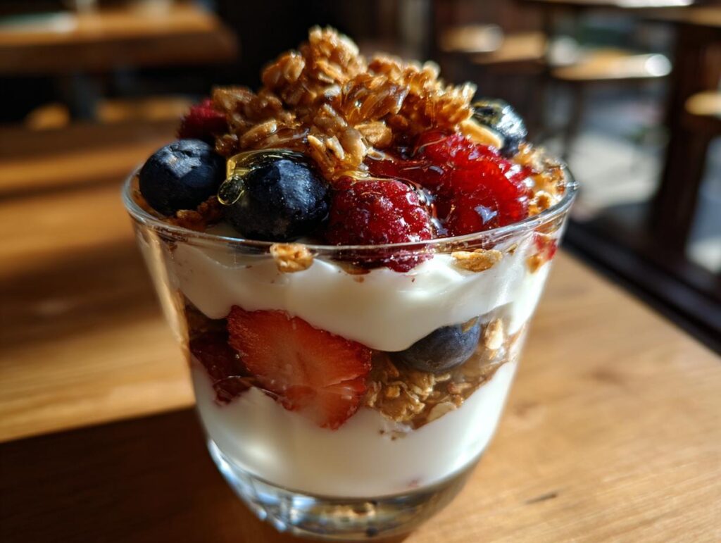 A layered yogurt parfait with fresh berries, granola, and a drizzle of honey, showcasing breakfast ideas for keeping yogurt parfaits fresh and crunchy.