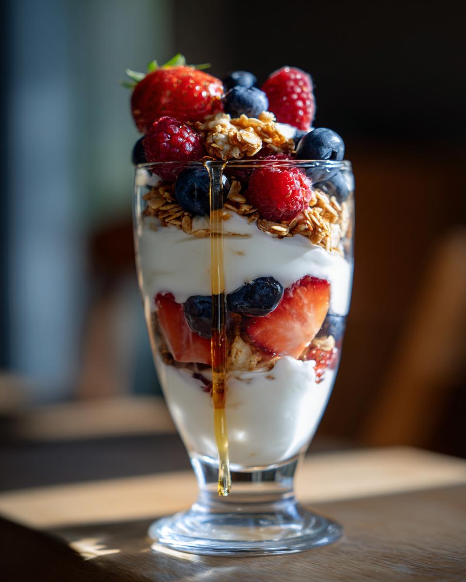 A tall glass filled with layers of yogurt, fresh berries, and crunchy granola, with honey drizzling down.