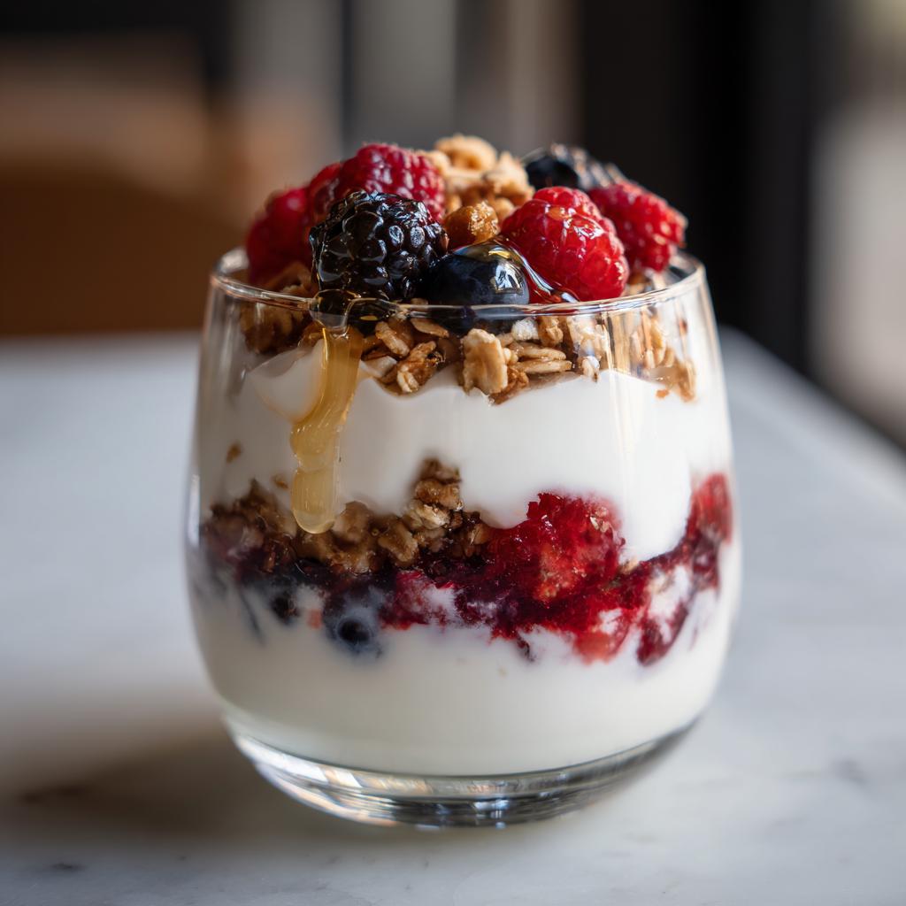 A delicious yogurt parfait layered with berries, granola, and honey, showcasing fresh breakfast ideas.
