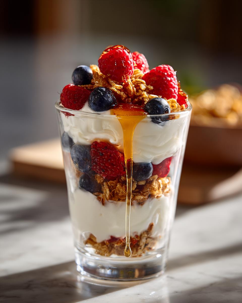 A layered yogurt parfait with fresh berries, granola, and a drizzle of honey, showcasing breakfast ideas that keep yogurt parfaits fresh and crunchy.